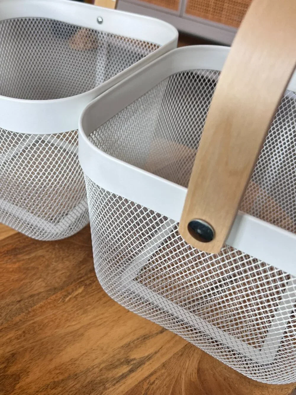 IKEA RISATORP White Metal Mesh Basket Wood Handle Set of 2